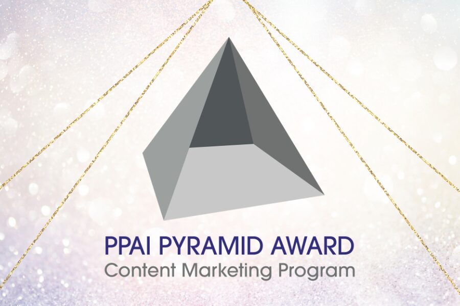 PPAI Pyramid Award logo with a gray triangular pyramid and the subtitle ‘Content Marketing Program’ against a glittery background, indicating an award graphic.