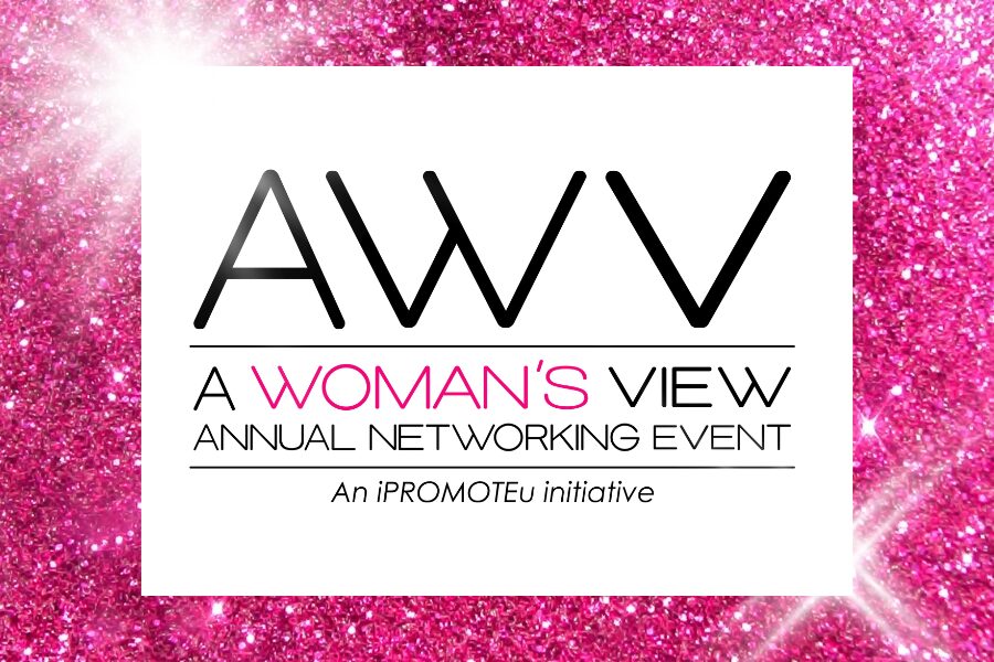 Logo for A Woman's View Annual Networking Event (AWWV) on a white card with pink accent text, set against a pink glitter background.