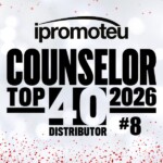 Award graphic announcing 'ipromoteu COUNSELOR TOP 40 2026 DISTRIBUTOR #8' with a festive red confetti background.