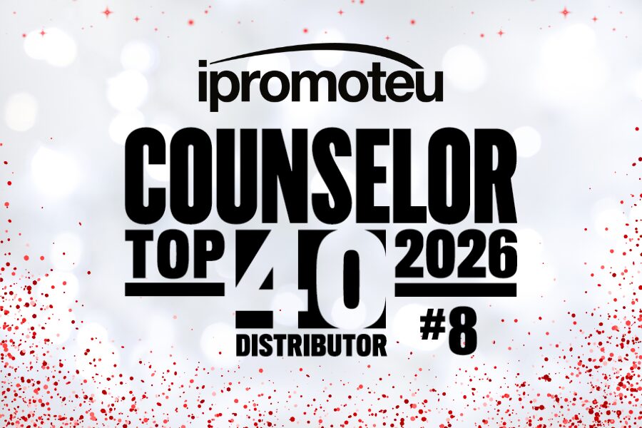 Award graphic announcing 'ipromoteu COUNSELOR TOP 40 2026 DISTRIBUTOR #8' with a festive red confetti background.