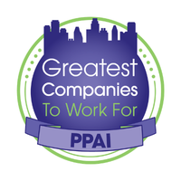 5_PPAI Great Company Badge logo for 'Greatest Companies To Work For' featuring a purple circle with skyline, green ring, and a purple ribbon reading 'PPAI'.
